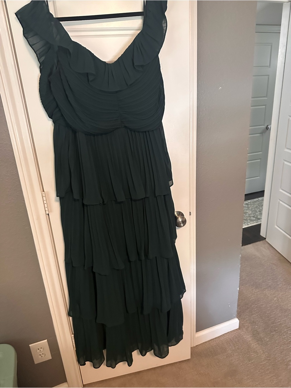 Lulu's Dark Green Off-Shoulder Tiered Pleated Maxi Dress - Picture 2 of 5